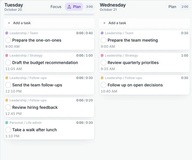 Juno’s current planner with example leadership preparation and follow-up tasks