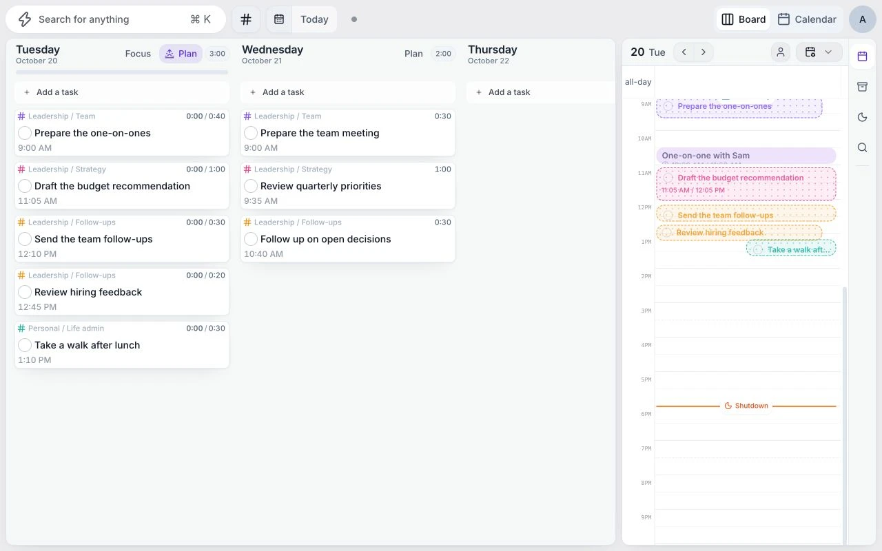 Juno’s current planner with example leadership preparation and follow-up tasks