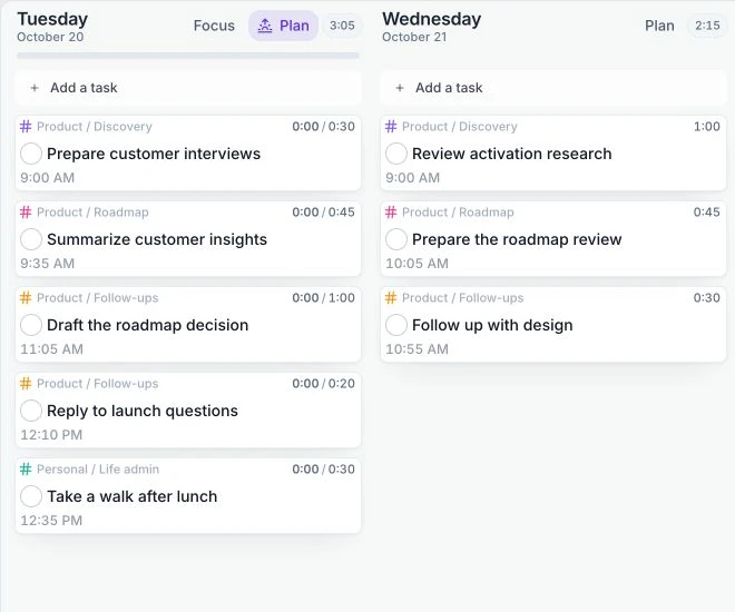 Juno’s current planner with example product research and roadmap tasks