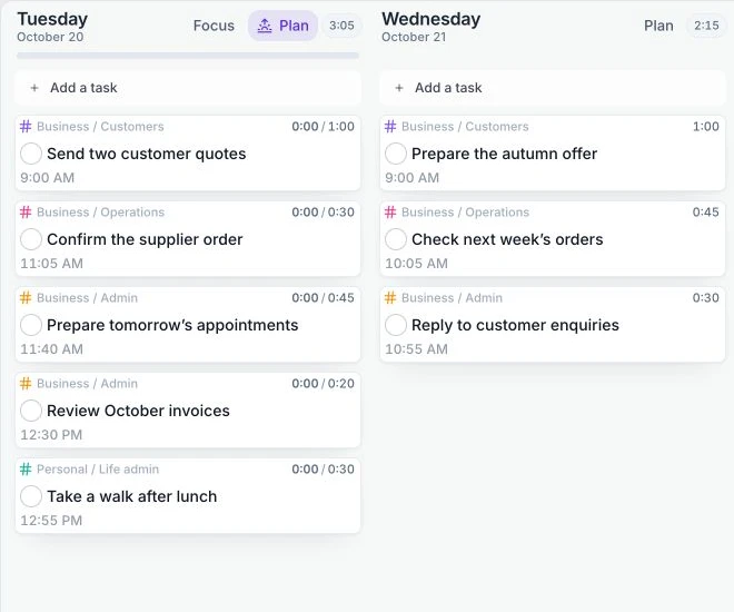 Juno’s current planner with example customer quotes and supplier follow-ups