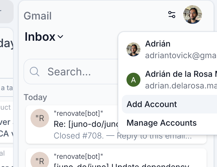 Gmail inbox connected to Juno